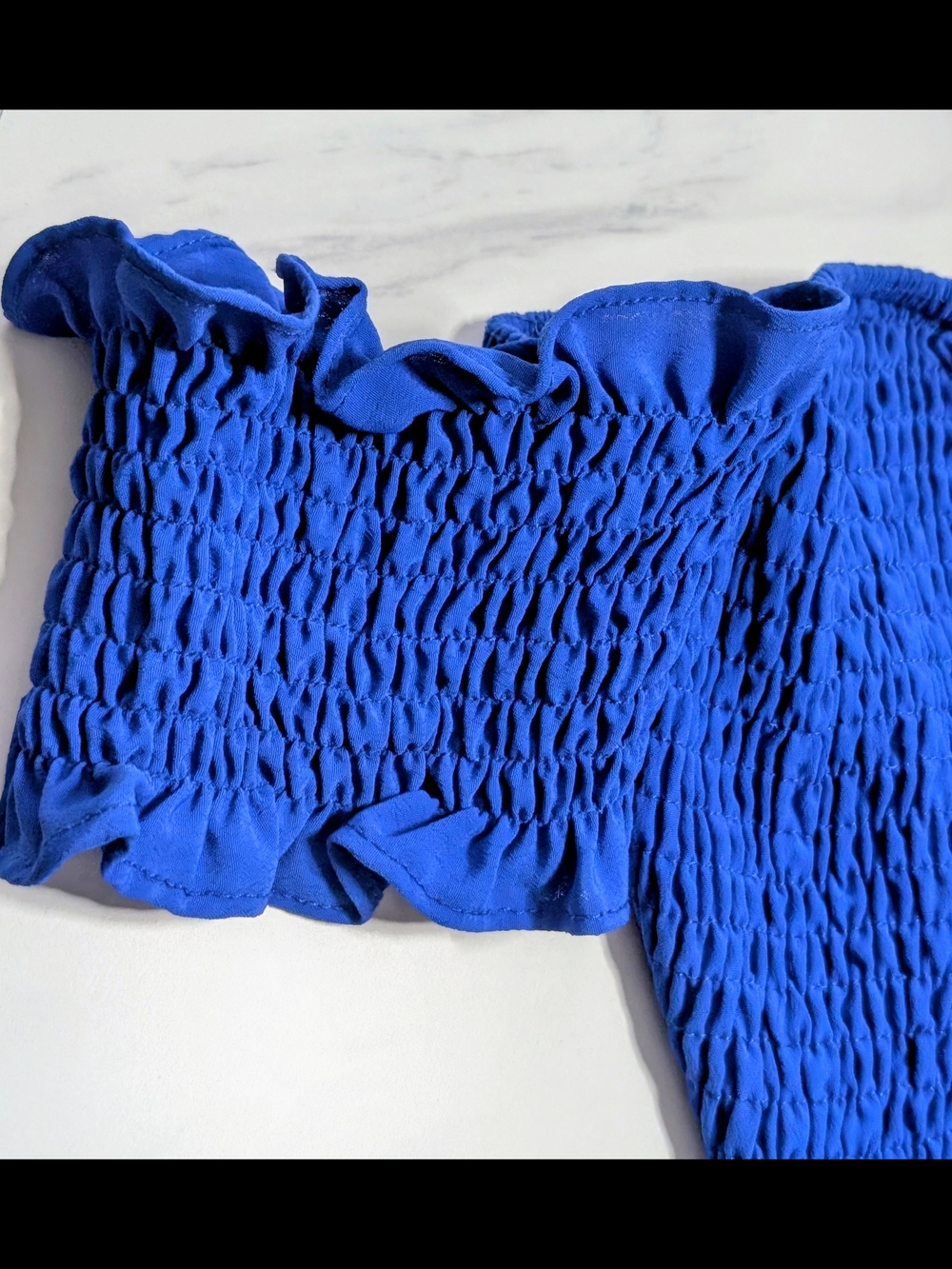Cefian Blue Smocked Off Shoulder Mini Dress Lace Up Front Size S - Picture 8 of 9